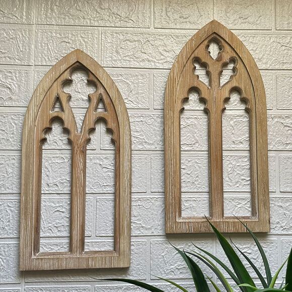 Whitewashed Wood Gothic Arch Window Frame Wall Decor 2 Piece Set - Picture 5 of 9